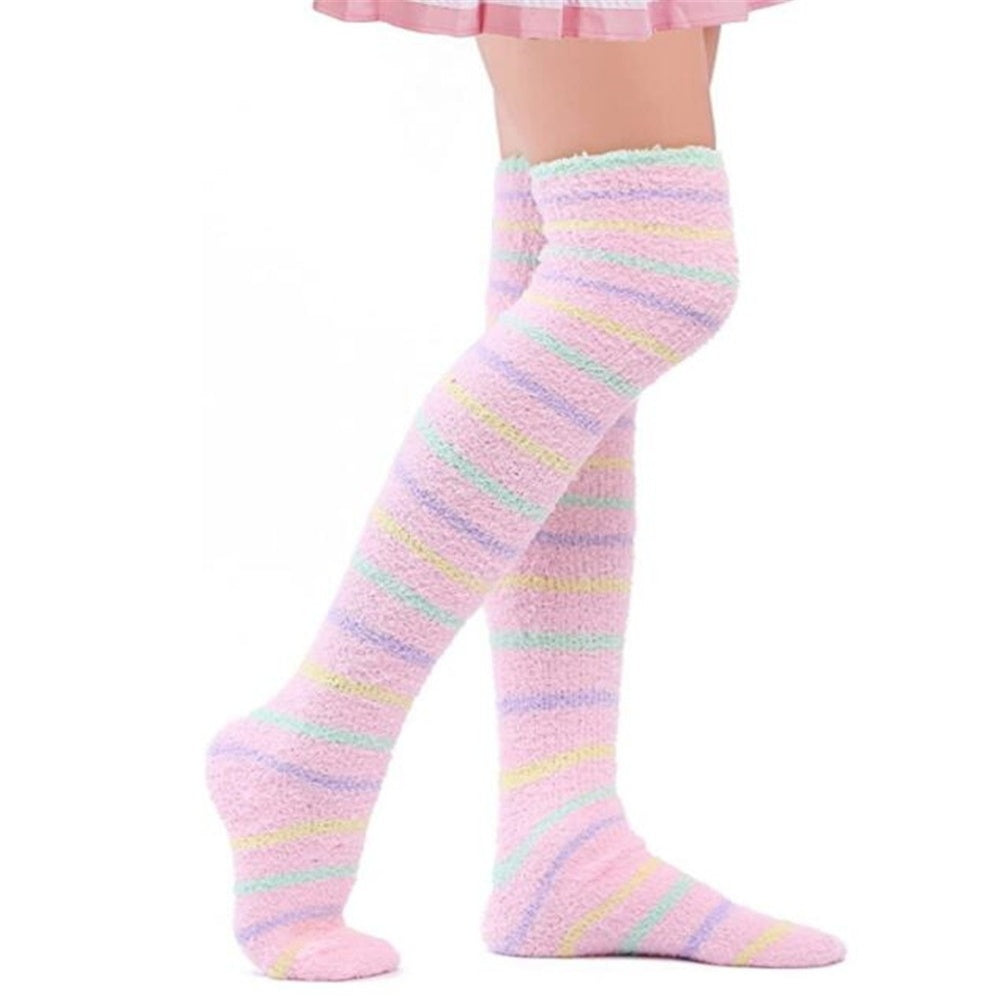 CHAUSSETTES MONTANTES RAYURES VELOURS CORAIL