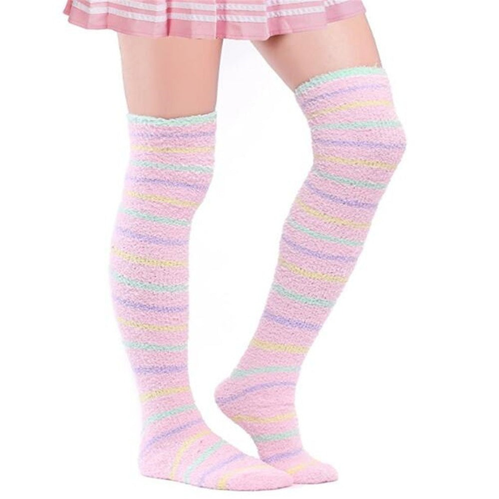 CHAUSSETTES MONTANTES RAYURES VELOURS CORAIL