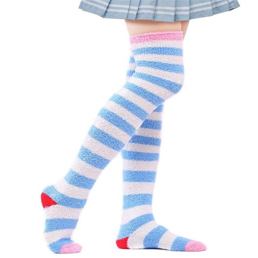 CHAUSSETTES MONTANTES RAYURES VELOURS CORAIL