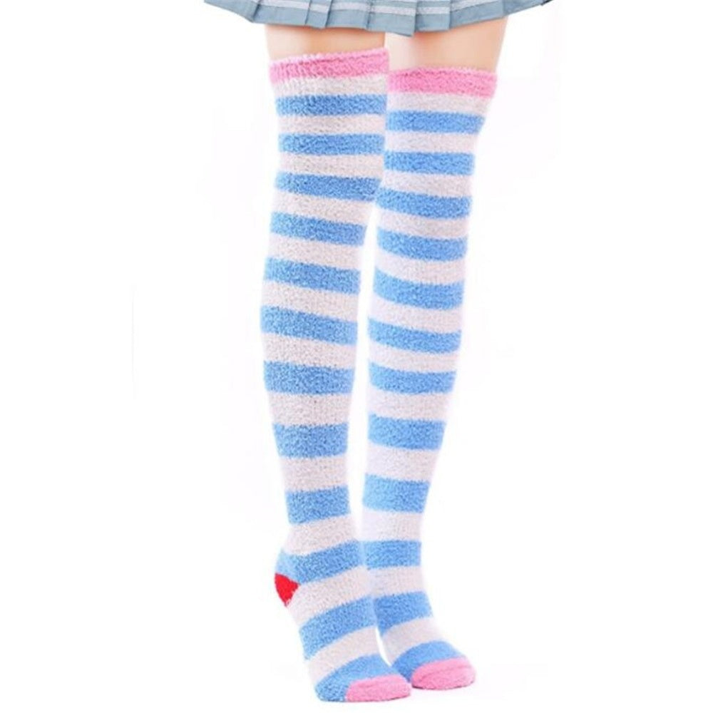 CHAUSSETTES MONTANTES RAYURES VELOURS CORAIL