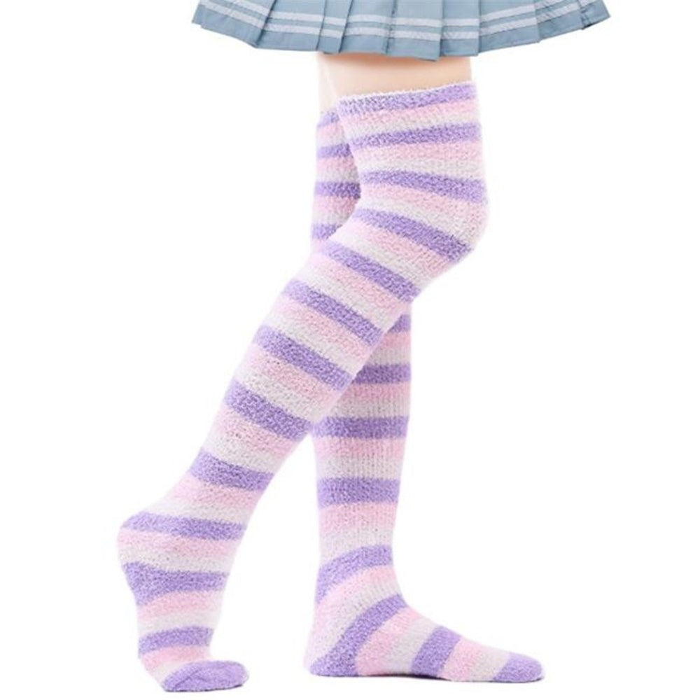 CHAUSSETTES MONTANTES RAYURES VELOURS CORAIL