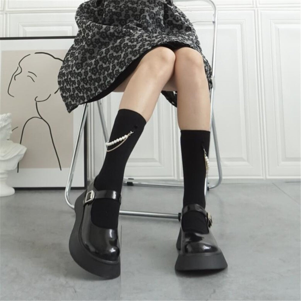 CHAUSSETTES MI HAUTE AVEC PERLES FEMME NOIR