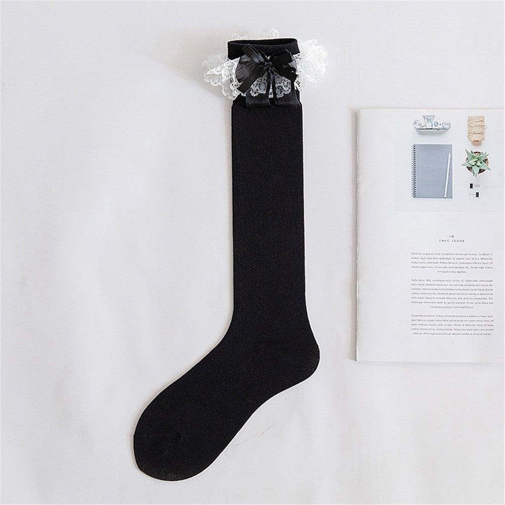CHAUSSETTES MONTANTES FEMME DENTELLE BLANCHE LACET NOIR