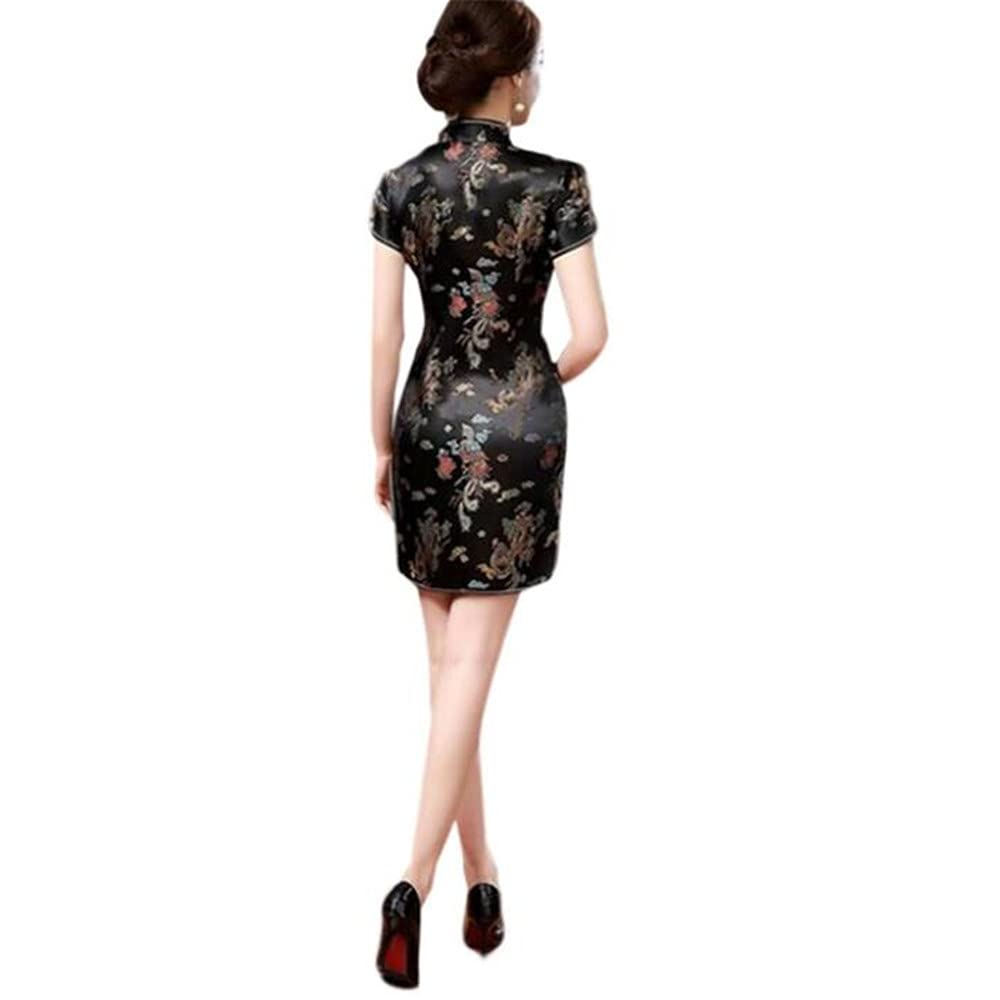 ROBE COURTE CHEONGSAM MOTIF DRAGON BROCART QIPAO NOIR