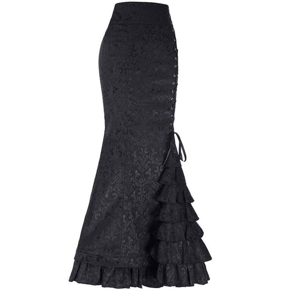 JUPE LONGUE NOIR LACET VICTORIENNE VINTAGE RETRO CRAYON TAILLE HAUTE
