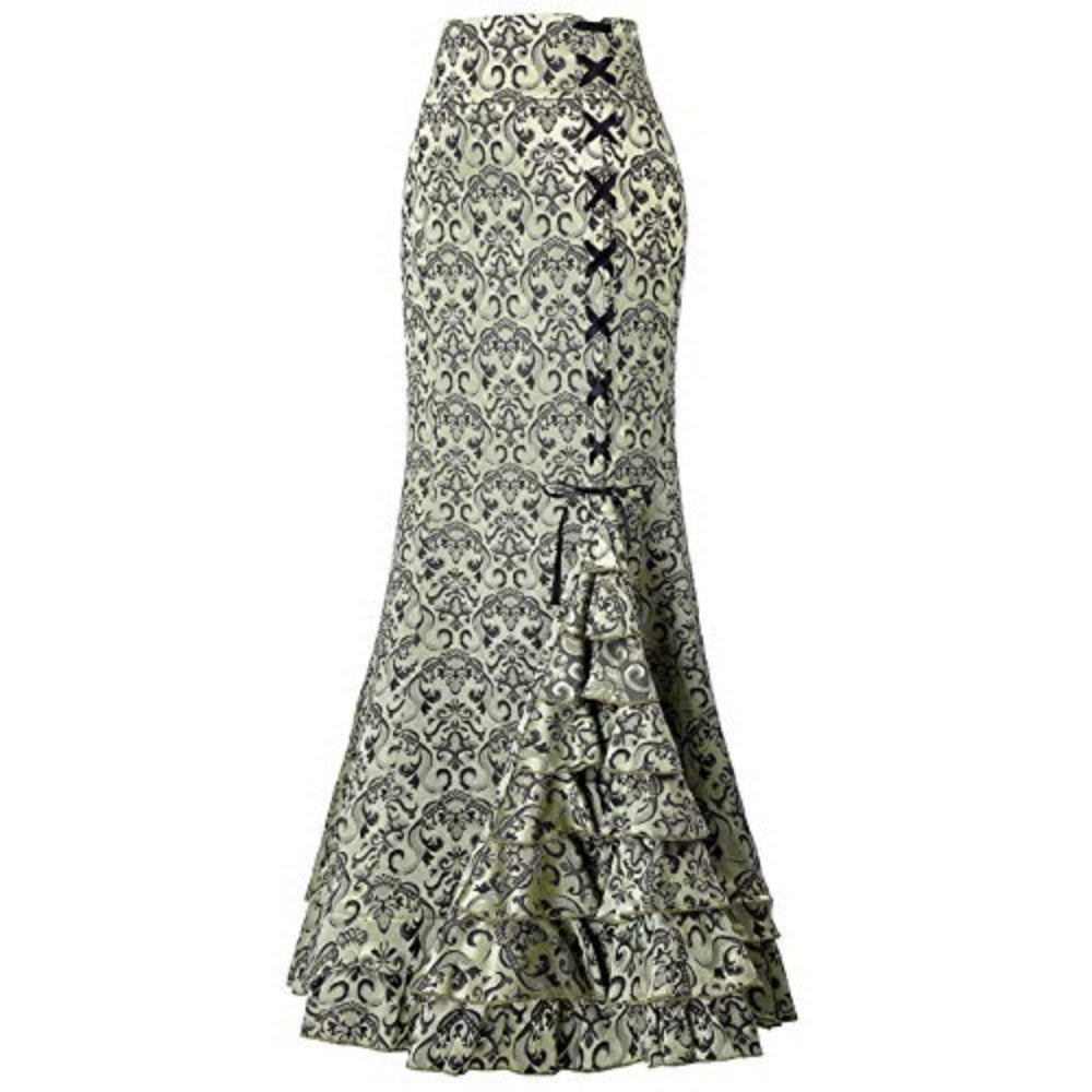 JUPE LONGUE VERT GRIS LACET VICTORIENNE VINTAGE RETRO CRAYON TAILLE HAUTE