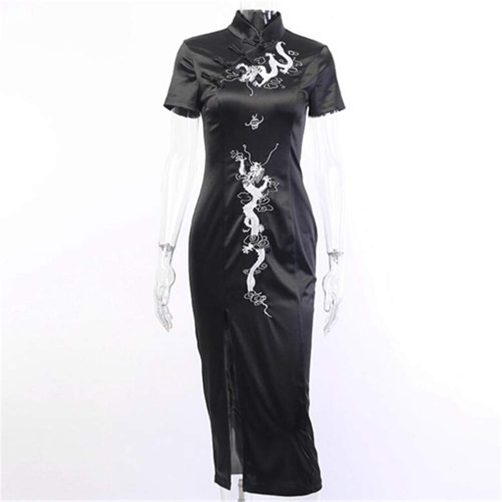 ROBE CHEONGSAM QIPAO DRAGON BRODERIE NOIR LONG
