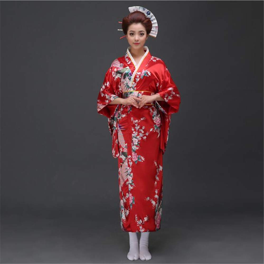 KIMONO JAPONAIS PAON YUKATA SATIN GEISHA ROUGE