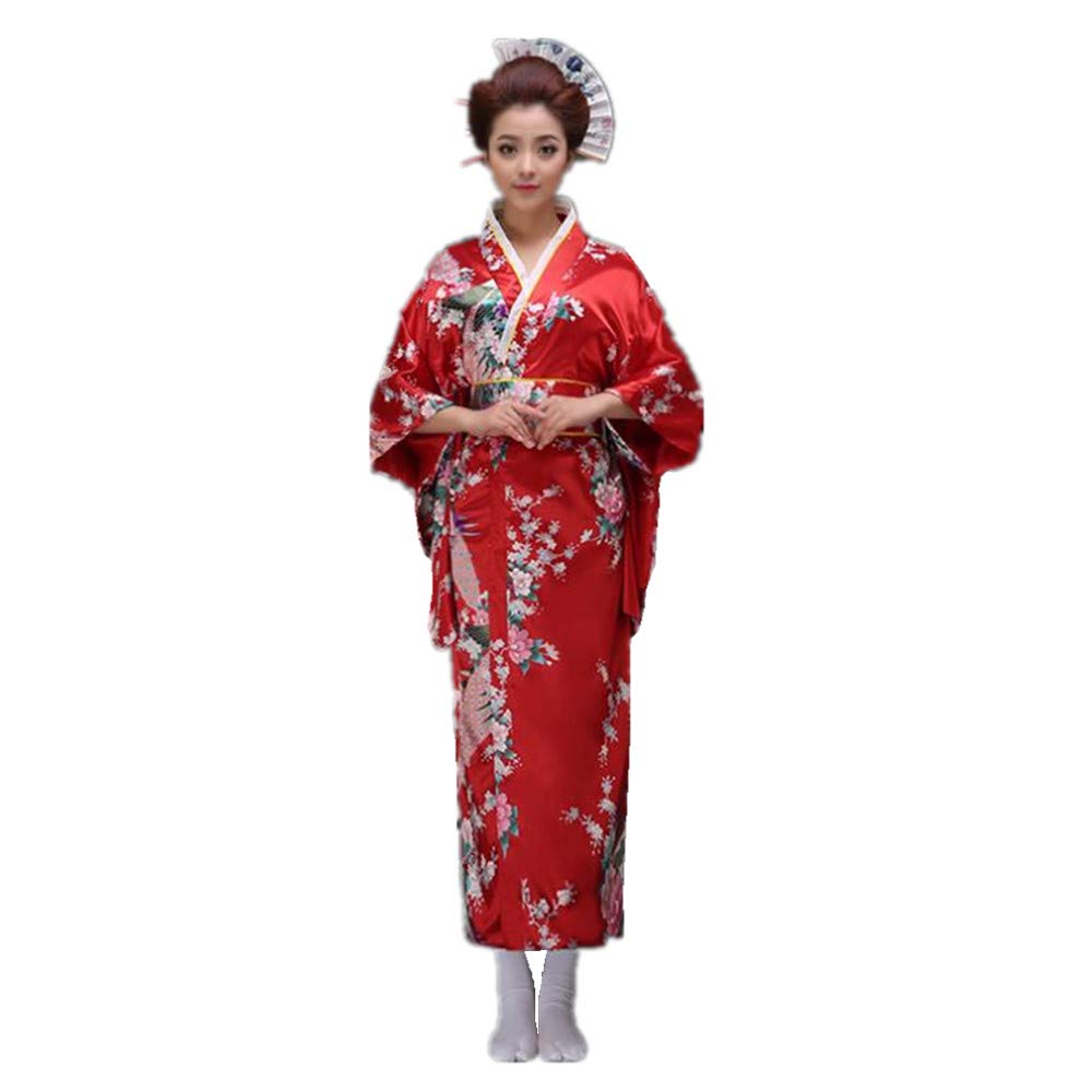 KIMONO JAPONAIS PAON YUKATA SATIN GEISHA ROUGE