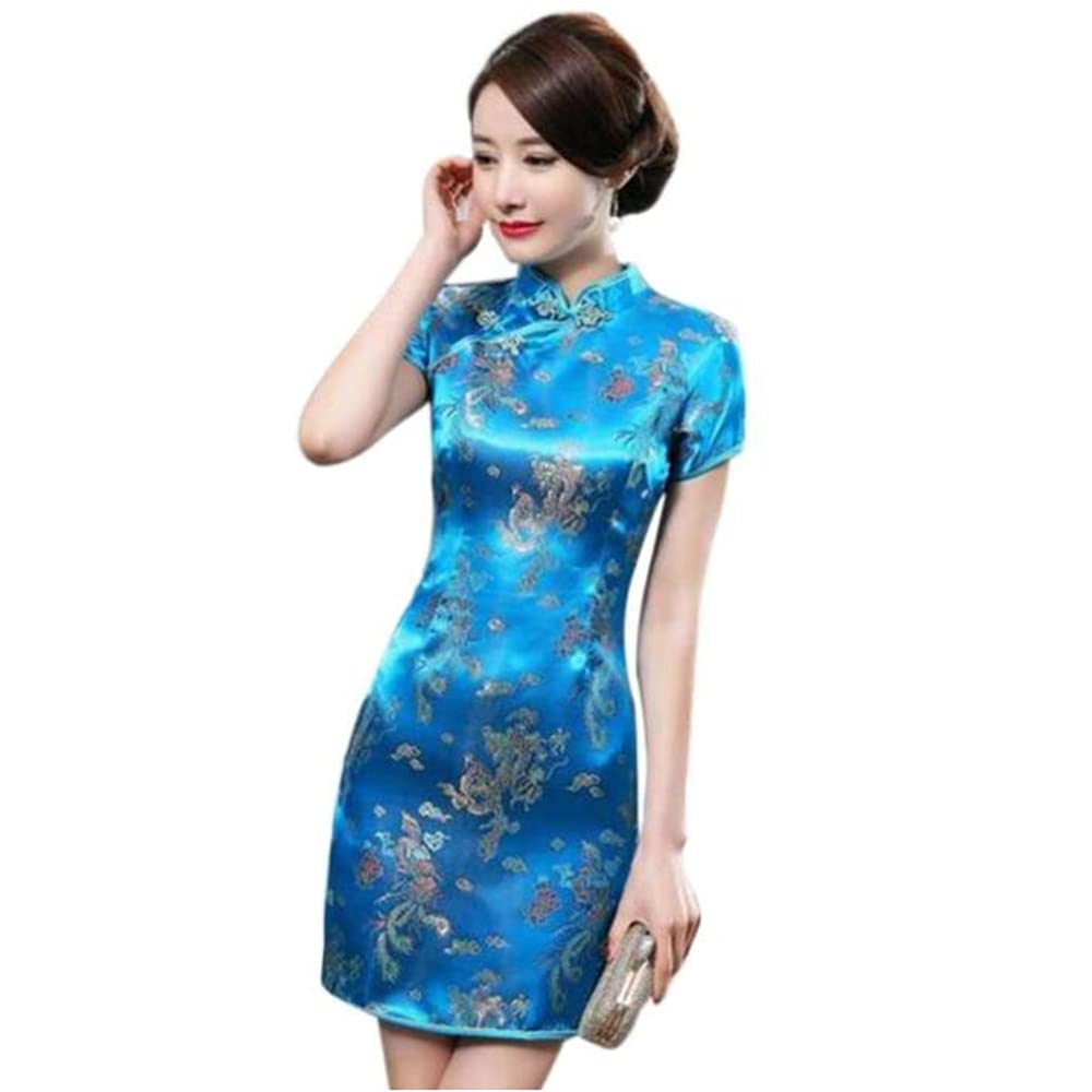 ROBE COURTE CHEONGSAM MOTIF DRAGON BROCART QIPAO BLEU