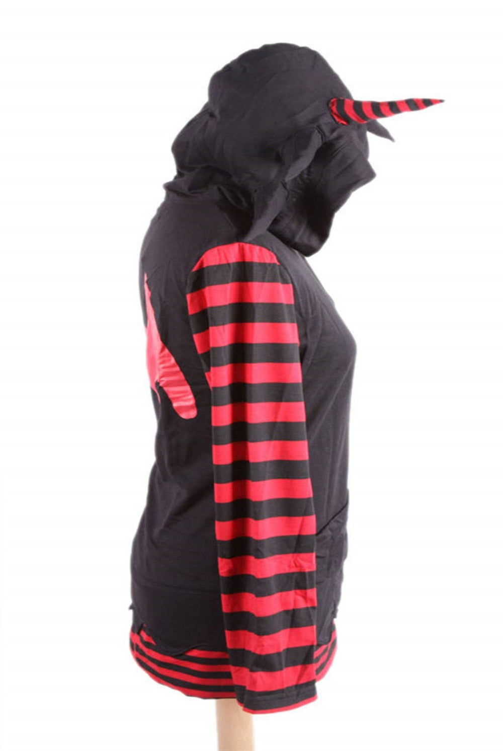 SWEAT CAPUCHE FEMME PUNK EMO CORNE AILES DEMON RAYURE ROUGE NOIR