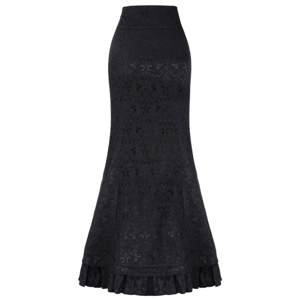 JUPE LONGUE NOIR LACET VICTORIENNE VINTAGE RETRO CRAYON TAILLE HAUTE