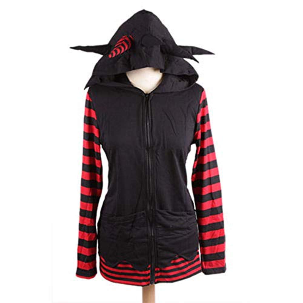 SWEAT CAPUCHE FEMME PUNK EMO CORNE AILES DEMON RAYURE ROUGE NOIR