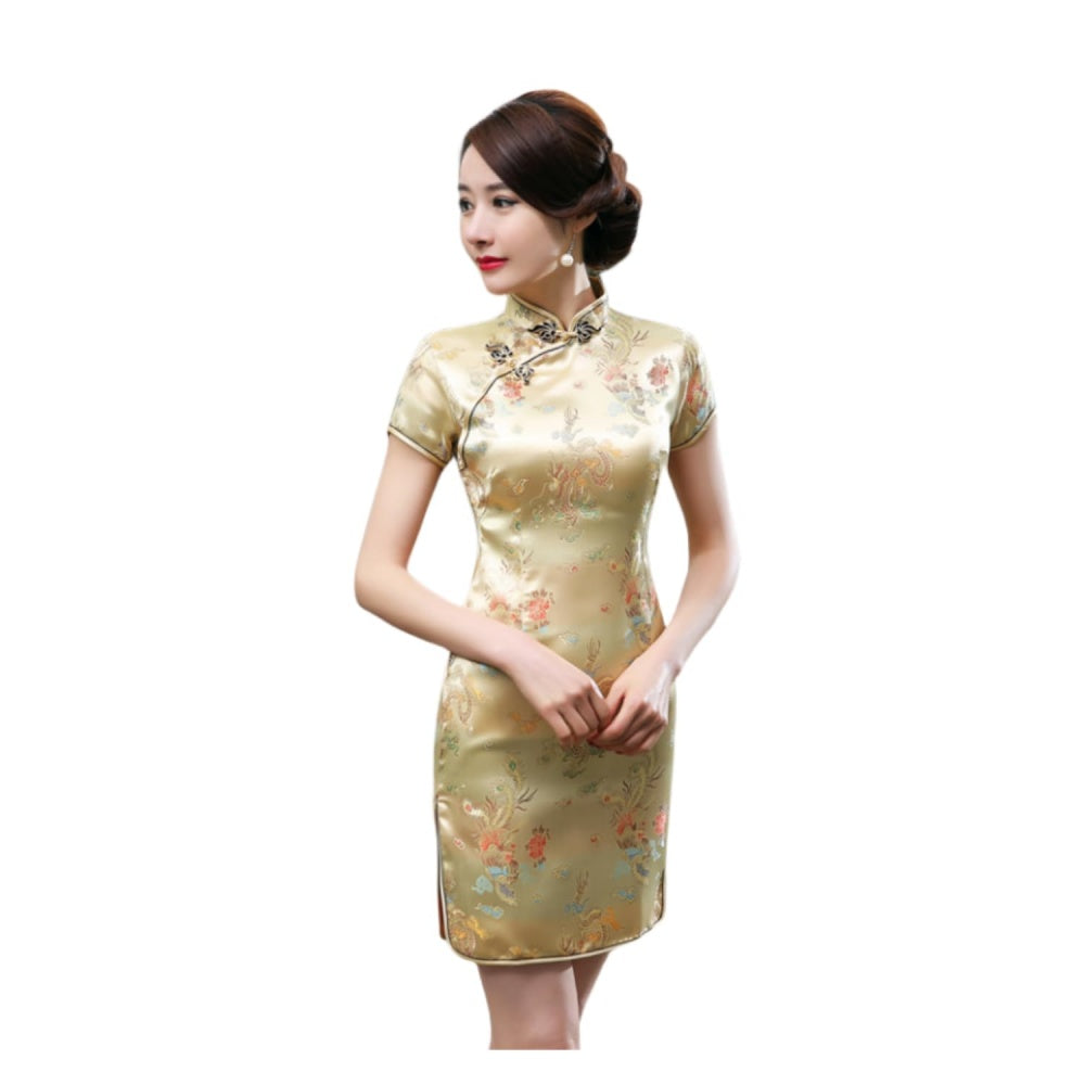 ROBE COURTE CHEONGSAM MOTIF DRAGON BROCART QIPAO DORE
