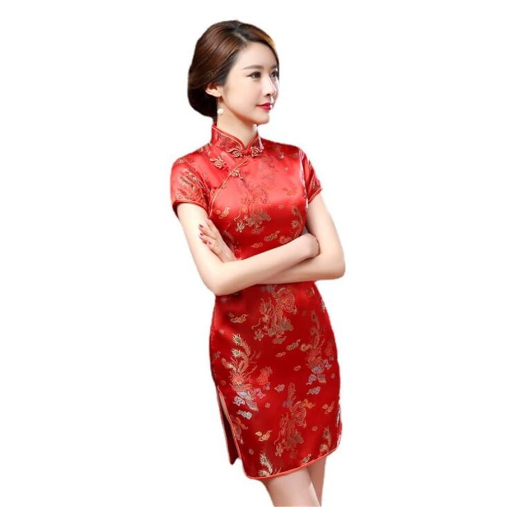 ROBE COURTE CHEONGSAM MOTIF DRAGON BROCART QIPAO ROUGE