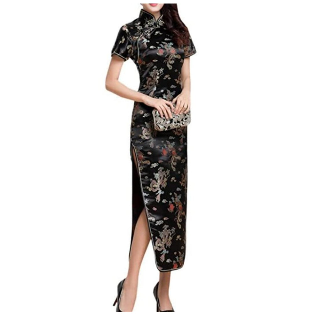 ROBE LONG CHEONGSAM MOTIF DRAGON BROCART QIPAO NOIR