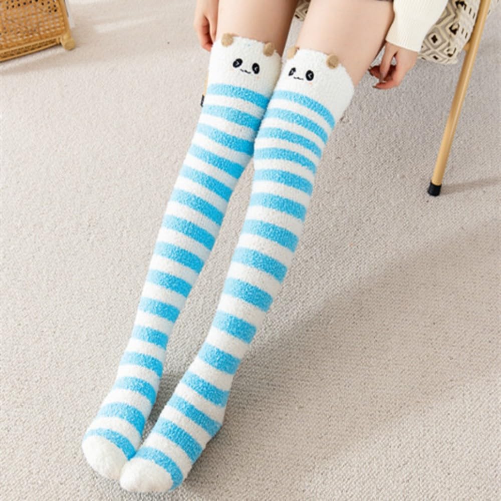 CHAUSSETTES MONTANTES VELOURS CORAIL BLEU OURS RAYURE