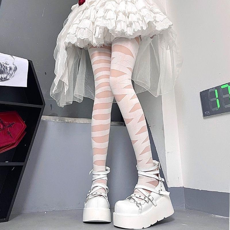 COLLANTS RAYURES RESILLE GOTHIQUE PUNK BLANC