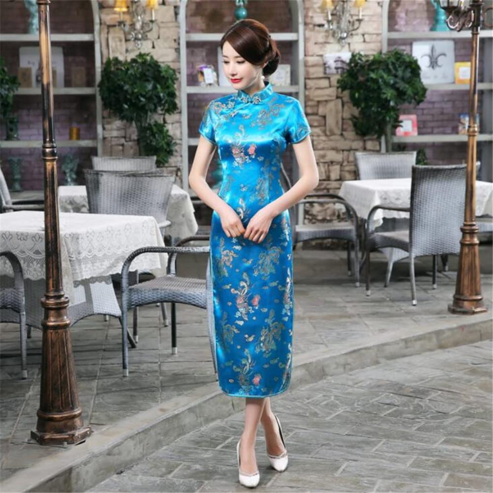 ROBE LONG CHEONGSAM MOTIF DRAGON BROCART QIPAO BLEU
