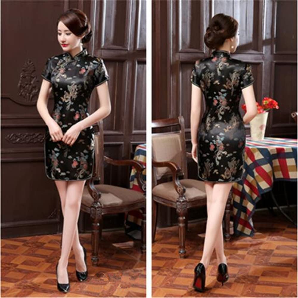 ROBE COURTE CHEONGSAM MOTIF DRAGON BROCART QIPAO NOIR