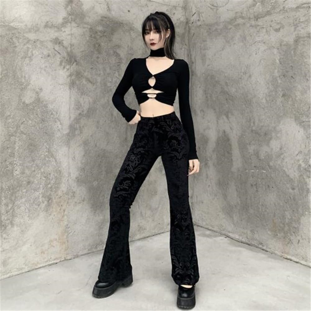 PANTALON EVASE GOTH VELOURS CONFORTABLE EXTENSIBLE CASUAL MOTIF RETRO FLEUR