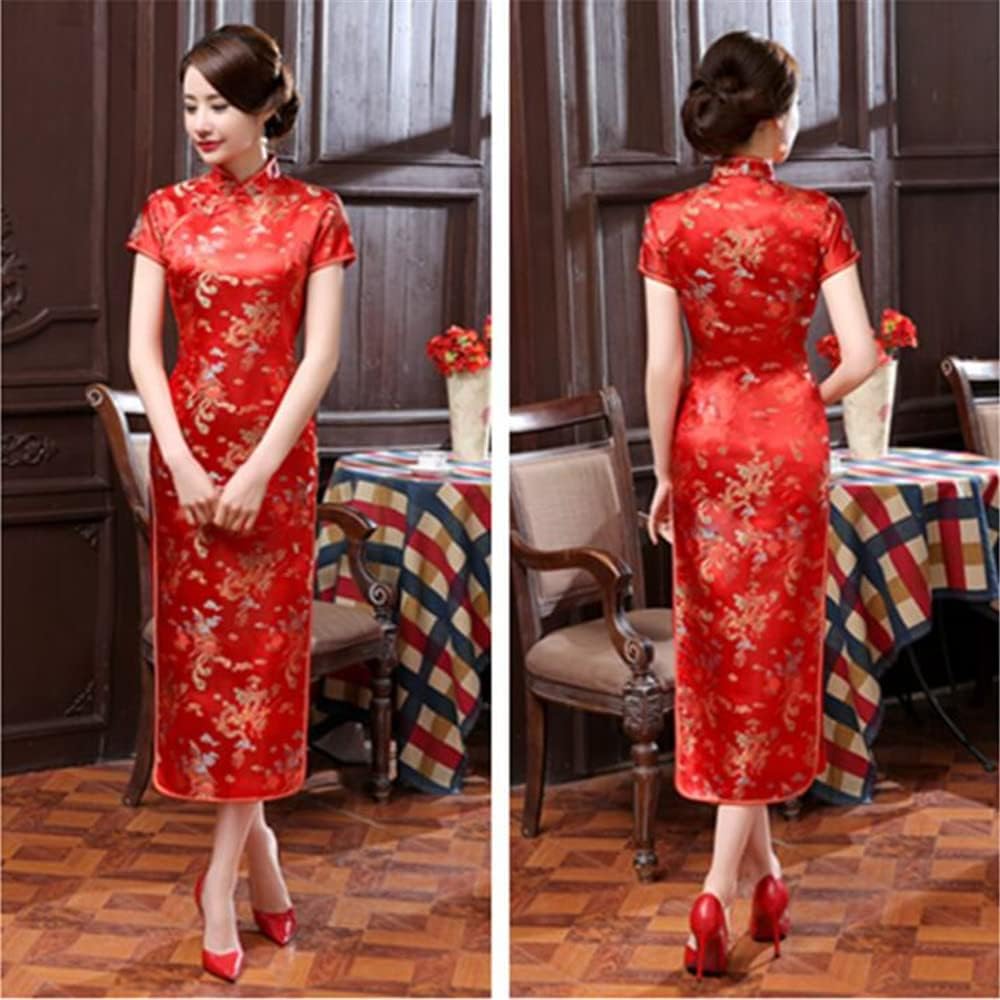 ROBE LONG CHEONGSAM MOTIF DRAGON BROCART QIPAO ROUGE