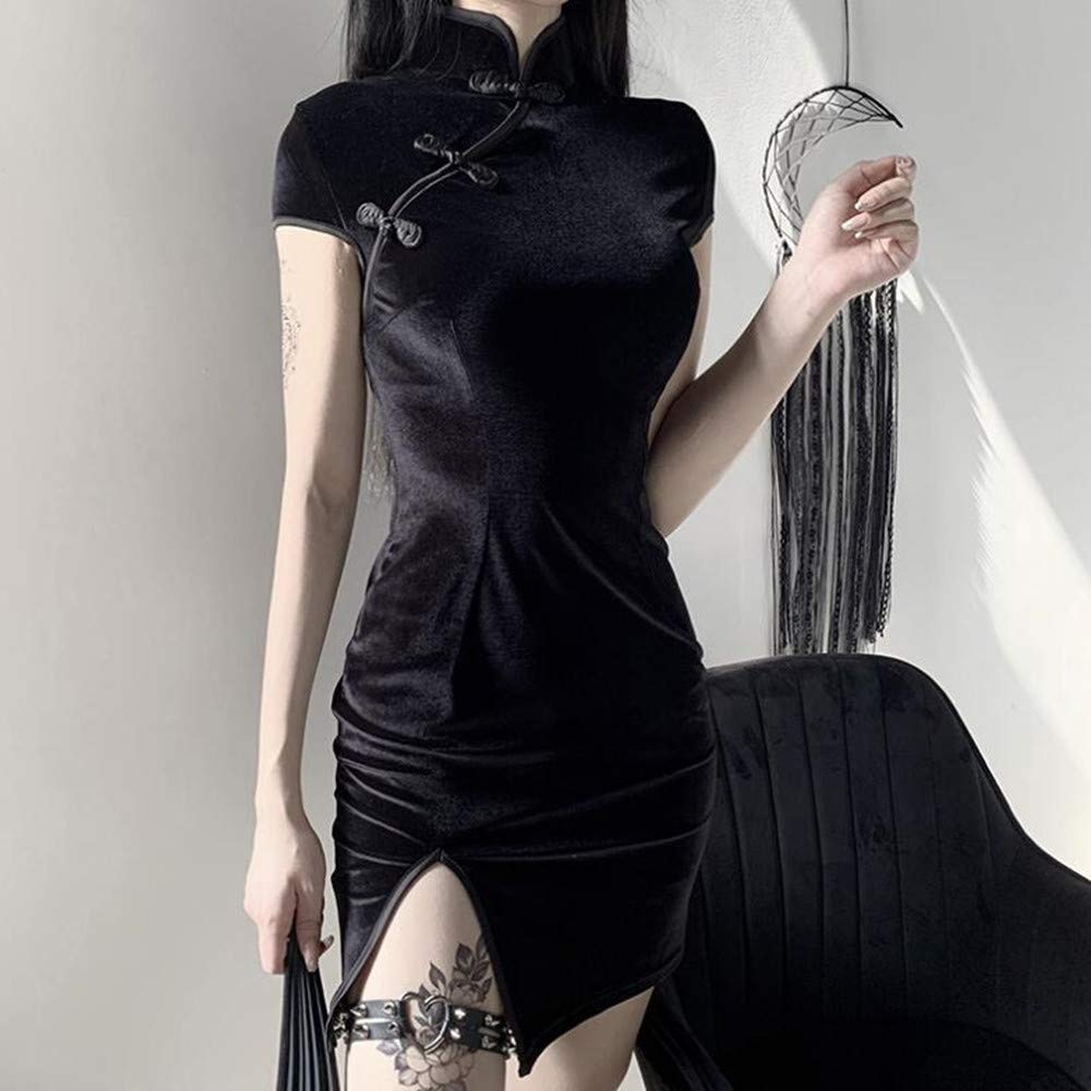 CHEONGSAM VELOURS QIPAO ROBE NOIR TRADITIONNELLE CLASSIQUE