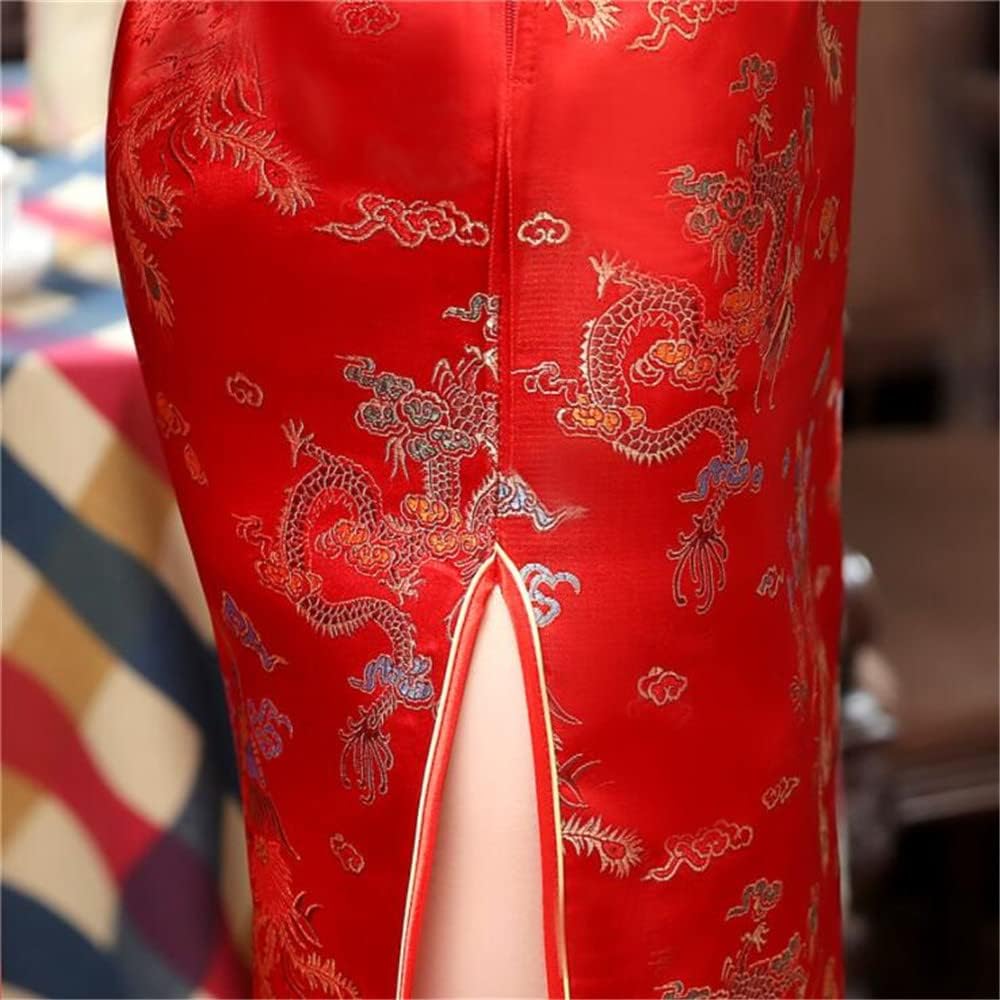 ROBE LONG CHEONGSAM MOTIF DRAGON BROCART QIPAO ROUGE