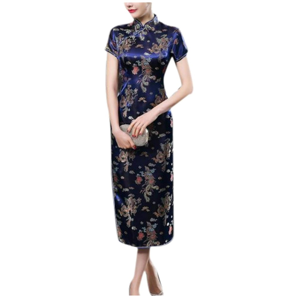 ROBE LONG CHEONGSAM MOTIF DRAGON BROCART QIPAO BLEU FONCE