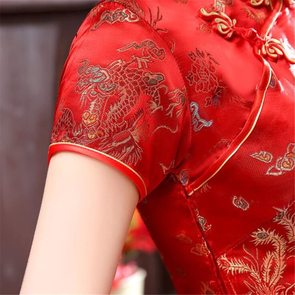 ROBE COURTE CHEONGSAM MOTIF DRAGON BROCART QIPAO ROUGE