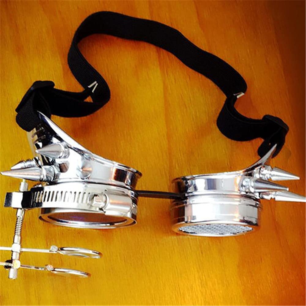 LUNETTES GOGGLES CLOUS SOUDURE STEAMPUNK CYBER ARGENTE AVEC LOUPE