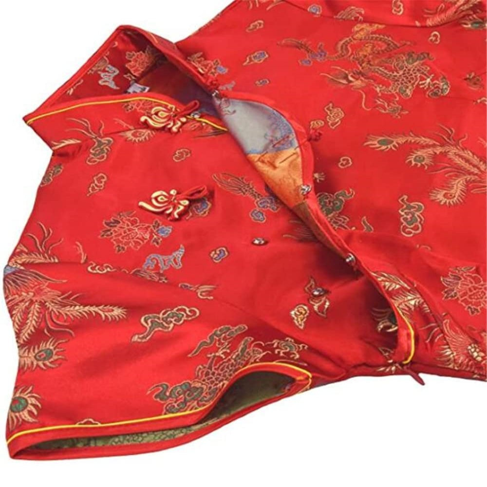 ROBE COURTE CHEONGSAM MOTIF DRAGON BROCART QIPAO ROUGE