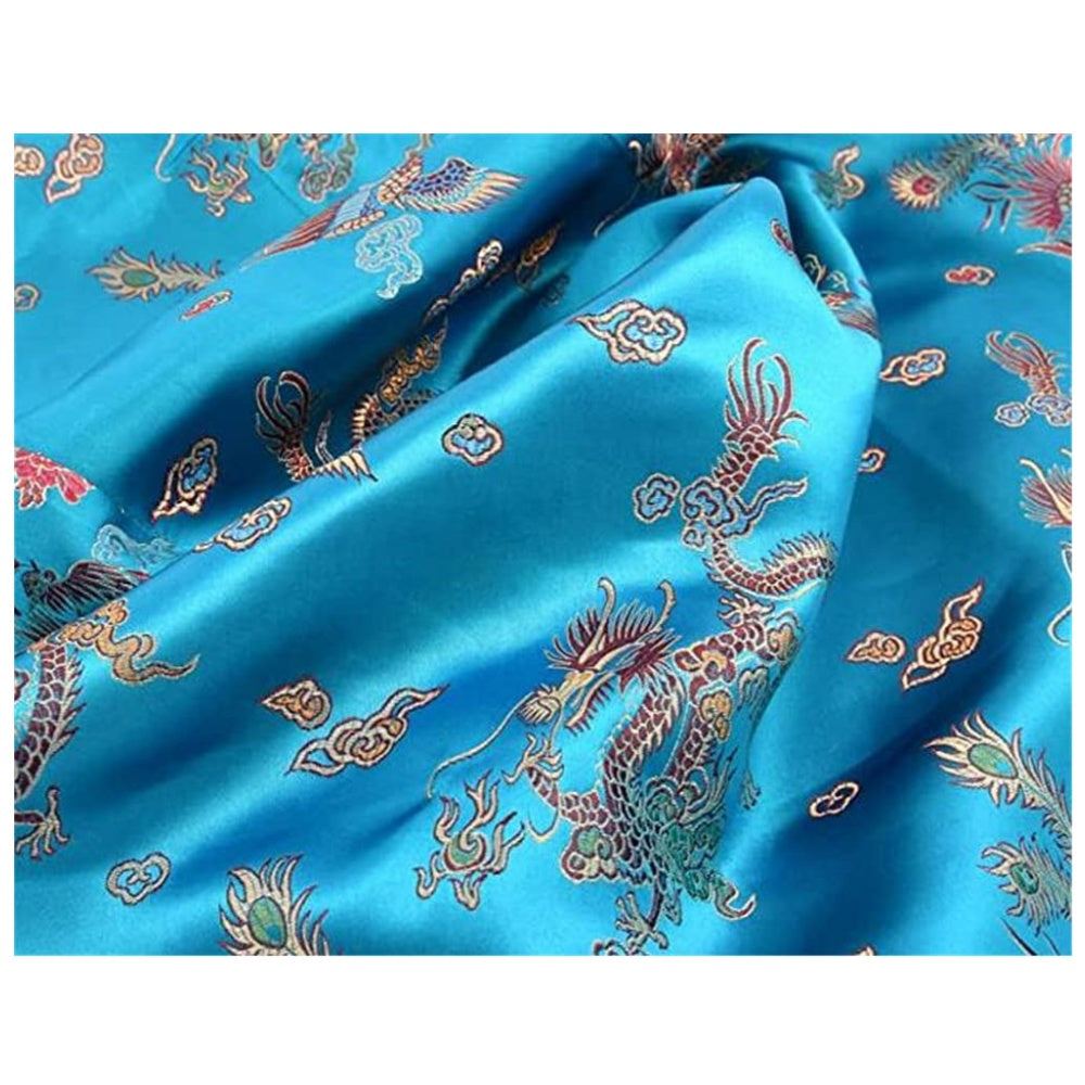 ROBE COURTE CHEONGSAM MOTIF DRAGON BROCART QIPAO BLEU