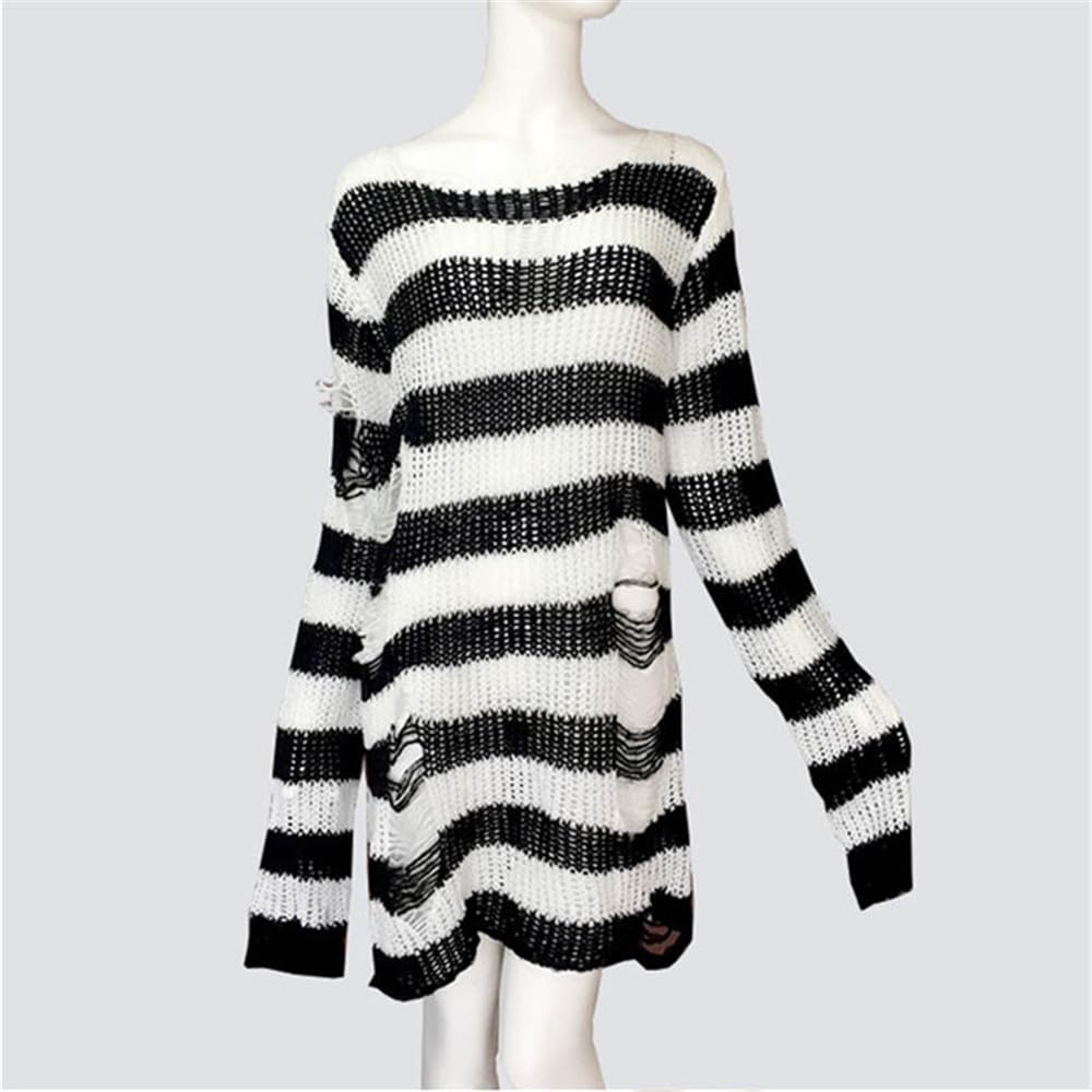 PULL GOTH DECHIREE BLANC RAYURE