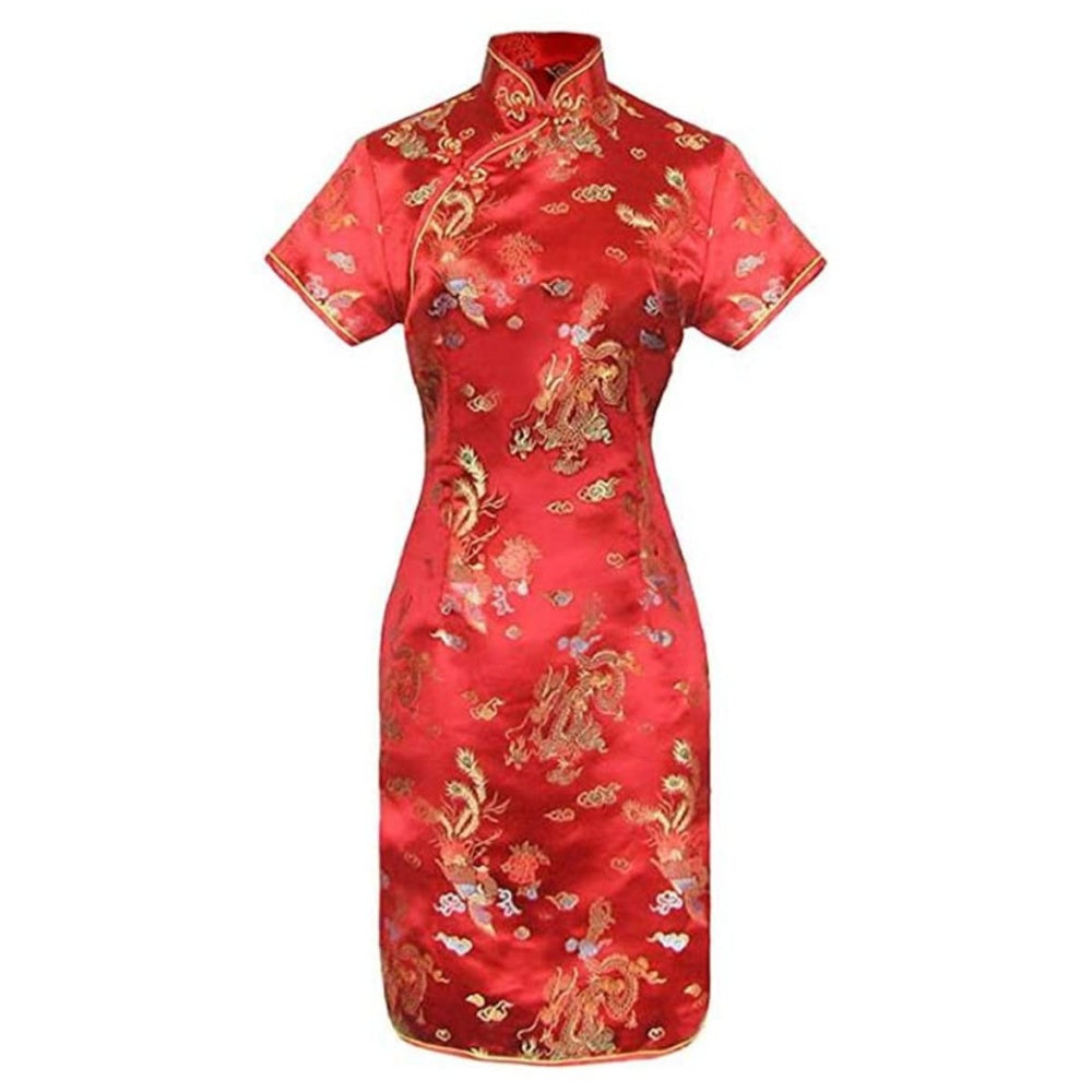 ROBE COURTE CHEONGSAM MOTIF DRAGON BROCART QIPAO ROUGE