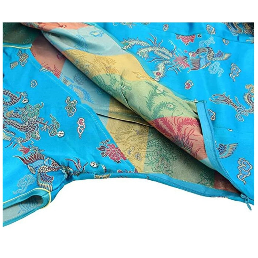 ROBE COURTE CHEONGSAM MOTIF DRAGON BROCART QIPAO BLEU