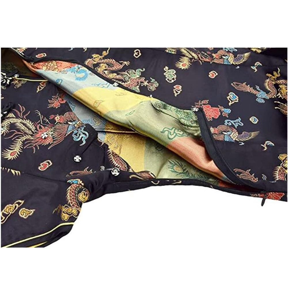 ROBE COURTE CHEONGSAM MOTIF DRAGON BROCART QIPAO NOIR