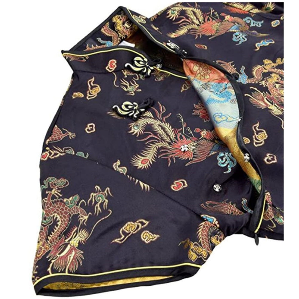 ROBE COURTE CHEONGSAM MOTIF DRAGON BROCART QIPAO NOIR