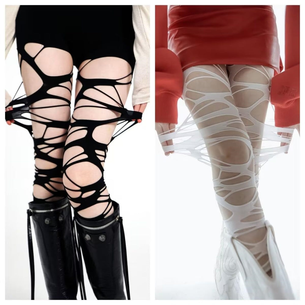 COLLANTS RAYURES DECHIRE GOTHIQUE PUNK BLANC SANS PIEDS