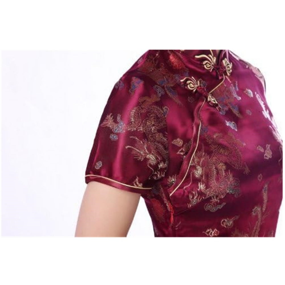 ROBE COURTE CHEONGSAM MOTIF DRAGON BROCART QIPAO BORDEAUX