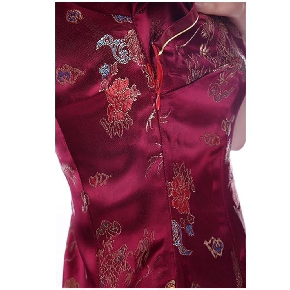ROBE COURTE CHEONGSAM MOTIF DRAGON BROCART QIPAO BORDEAUX