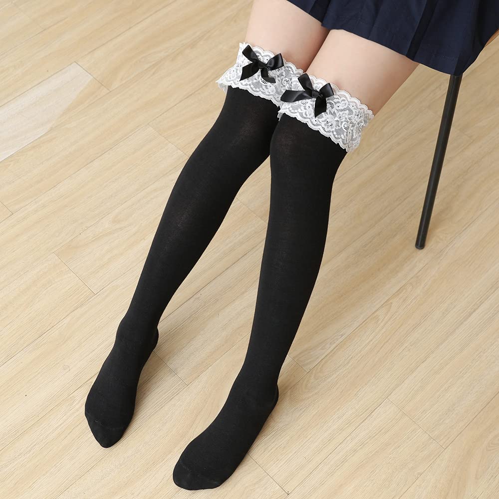 CHAUSSETTES MONTANTES DENTELLE BLANCHE NOEUD NOIR