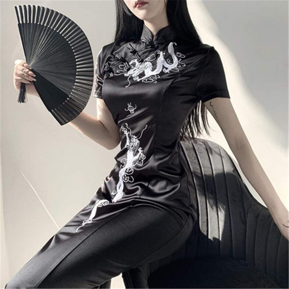 ROBE CHEONGSAM QIPAO DRAGON BRODERIE NOIR LONG