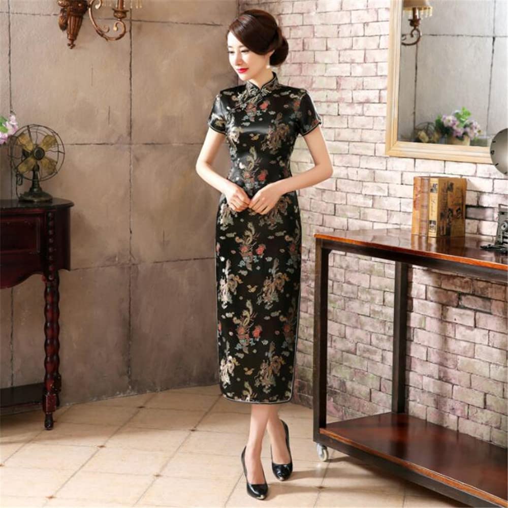ROBE LONG CHEONGSAM MOTIF DRAGON BROCART QIPAO NOIR