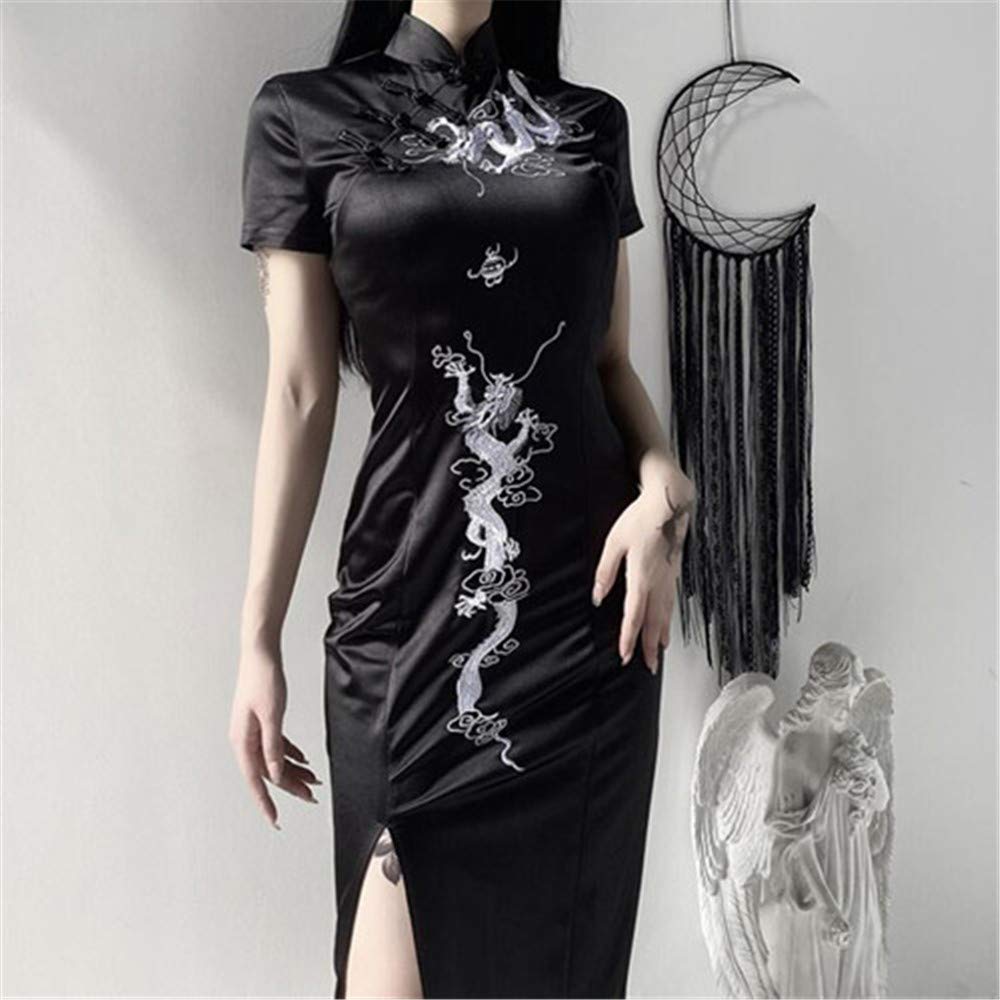 ROBE CHEONGSAM QIPAO DRAGON BRODERIE NOIR LONG