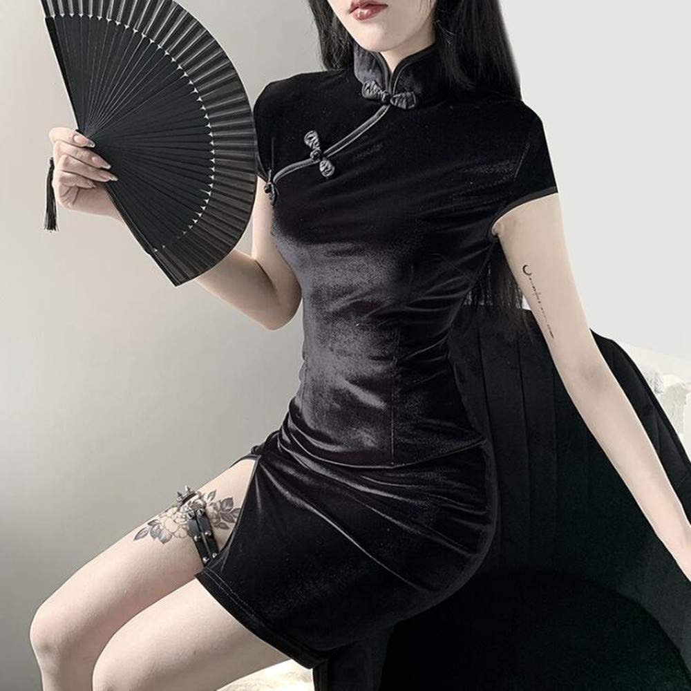 CHEONGSAM VELOURS QIPAO ROBE NOIR TRADITIONNELLE CLASSIQUE