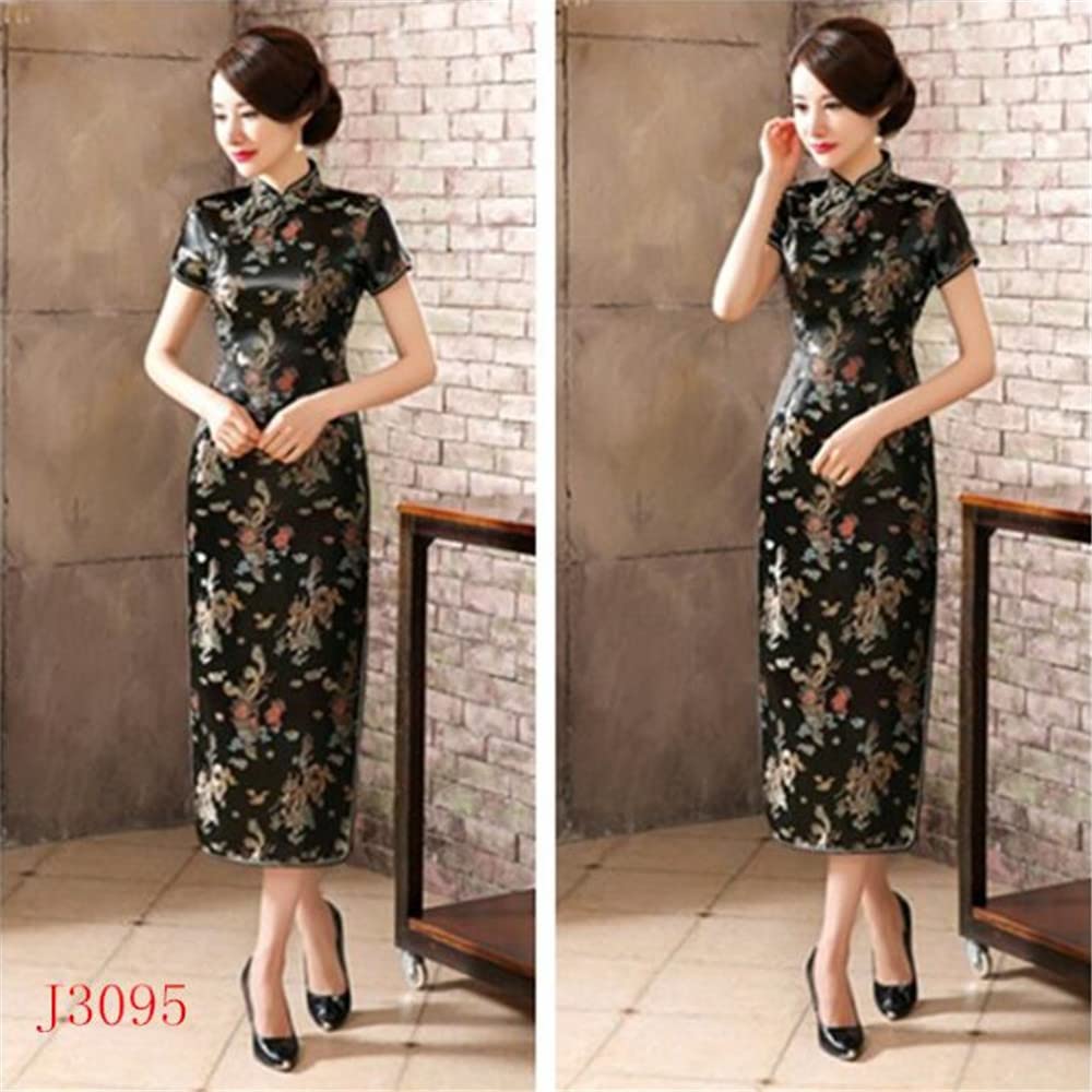 ROBE LONG CHEONGSAM MOTIF DRAGON BROCART QIPAO NOIR