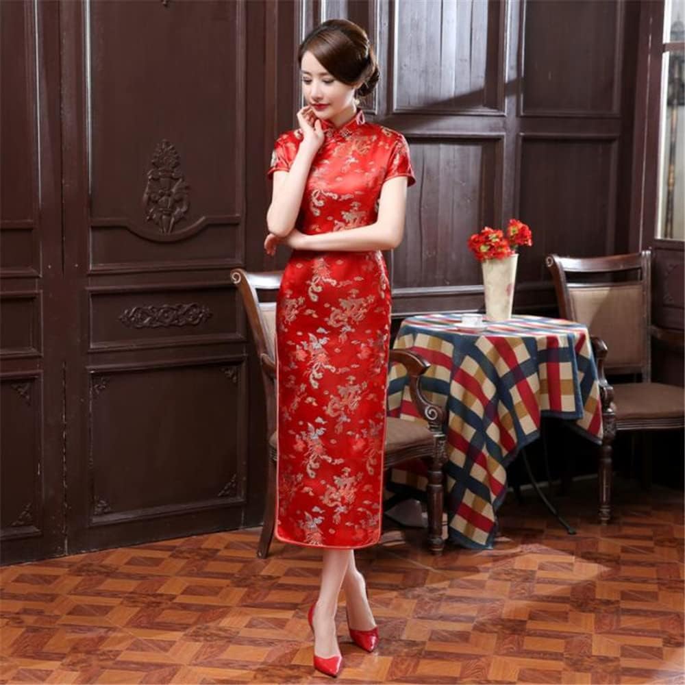 ROBE LONG CHEONGSAM MOTIF DRAGON BROCART QIPAO ROUGE