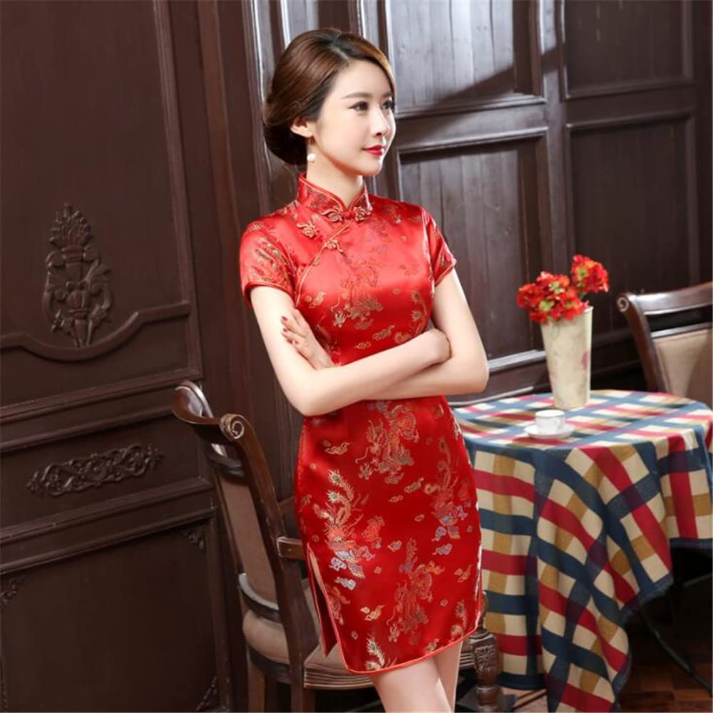 ROBE COURTE CHEONGSAM MOTIF DRAGON BROCART QIPAO ROUGE