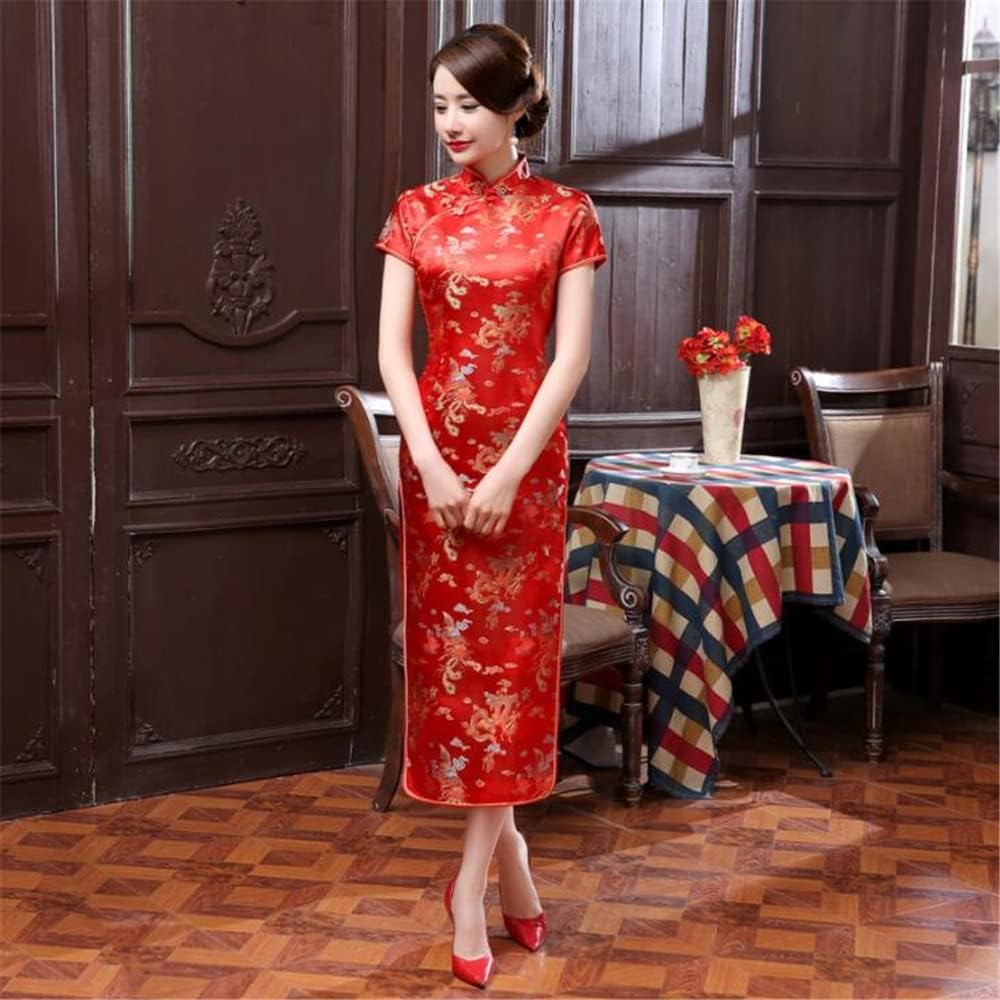 ROBE LONG CHEONGSAM MOTIF DRAGON BROCART QIPAO ROUGE